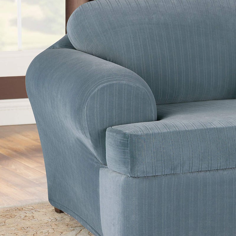 SureFit Stretch Pinstripe 2 Piece T Cushion Chair Slipcover in French Blue - Image 3